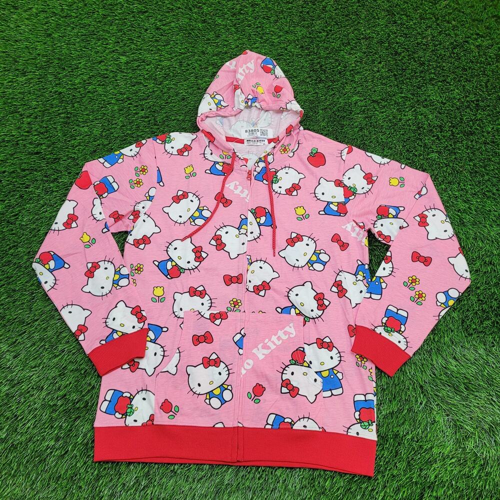 Sanrio Hello-Kitty AOP Zip Hoodie Womens L/XL 21x28 Lightweight